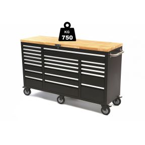 Werkzeugwagen mit Holzplatte und 20 Schubladen, 146 cm, schwarz