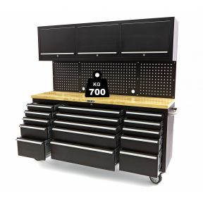 Arbeits Tisch mit Lochwand und massiver Holzplatte, Schränkchen, Rädern, schwarz, 182 cm