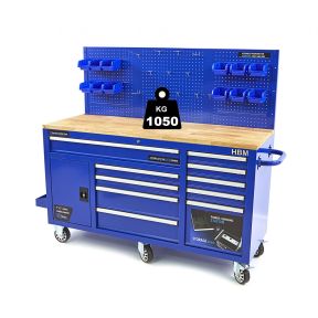 Arbeitstisch - PANK 158 cm mit perforierter Wand, Rädern, blau