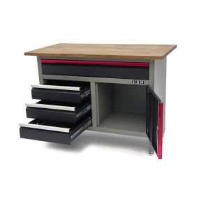 Arbeitstisch - Pank mit 4 Schubladen und 1 Tür sowie einer massiven Holzplatte, 120 cm, grau